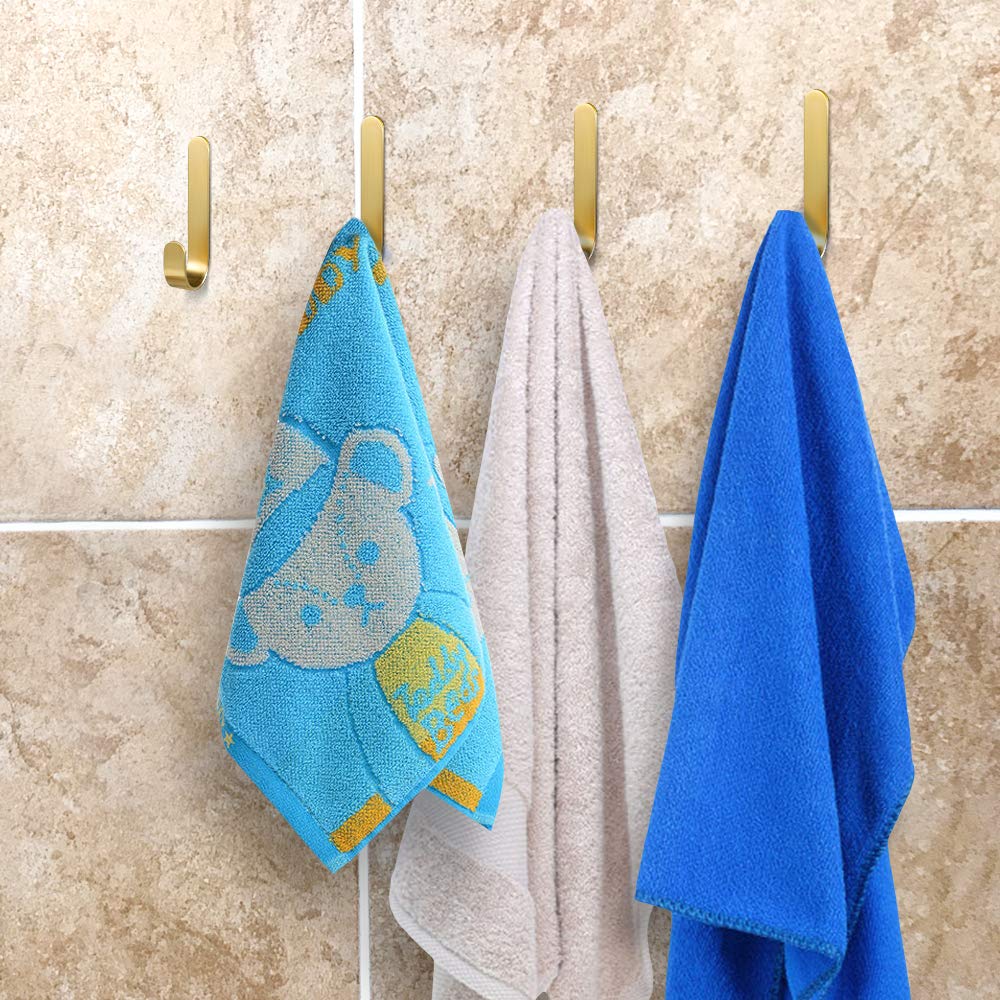 4 Pcs Brass Hooks, L-Shaped Towel Robe Hook on Wall Door, Self-Adhesive Holders for Hanging Coat Hat for Kitchen Bathroom Bedroom, for Door Wall Decoration, 0.5′′ x 3′′ — Picowe