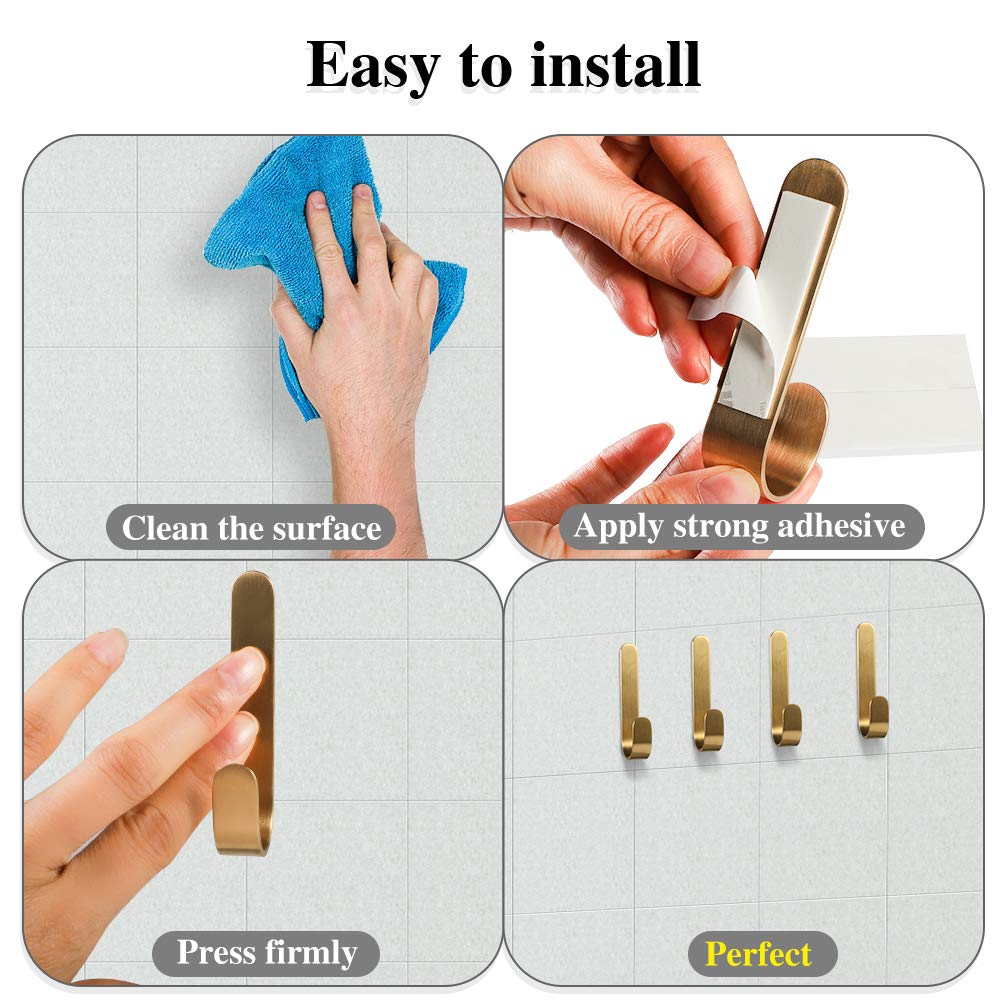 4 Pcs Brass Hooks, L-Shaped Towel Robe Hook on Wall Door, Self-Adhesive Holders for Hanging Coat Hat for Kitchen Bathroom Bedroom, for Door Wall Decoration, 0.5′′ x 3′′ — view 7